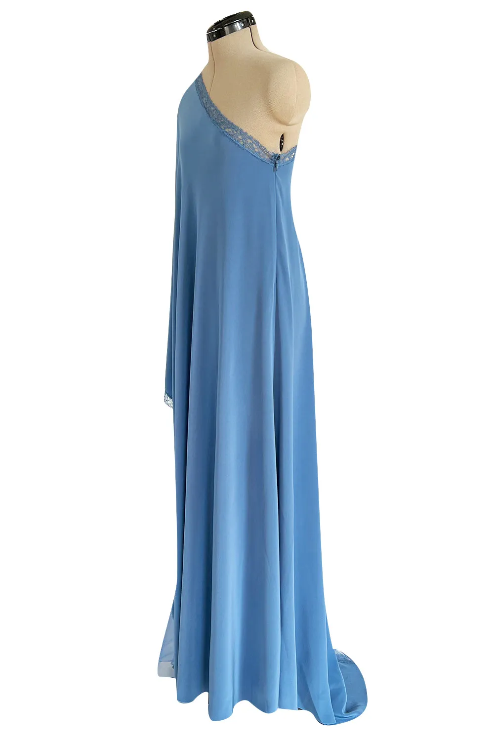 Beautiful Fall 2018 Alexis Mabille Dusty Blue One Shoulder Dress w Lace Insets