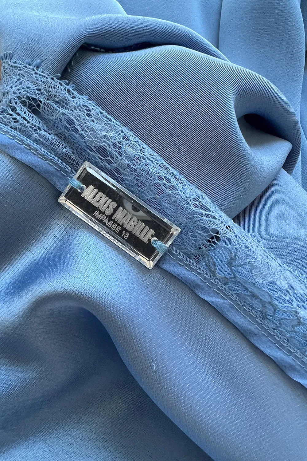 Beautiful Fall 2018 Alexis Mabille Dusty Blue One Shoulder Dress w Lace Insets
