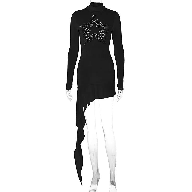 Best Seller in Europe and America Women's Clothing Solid Color Fashion Chest Hot Rhinestone Long Sleeve Short Dress Ruffled Ribbon Personalized All-Match Dress