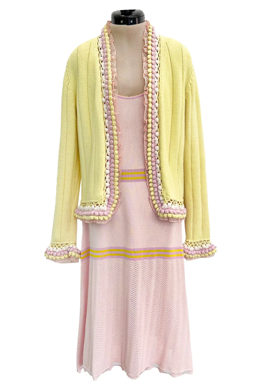 Dreamy Cruise 2004 Chanel by Karl Lagerfeld Pale Pink Knit Dress & Pastel Cardigan Set