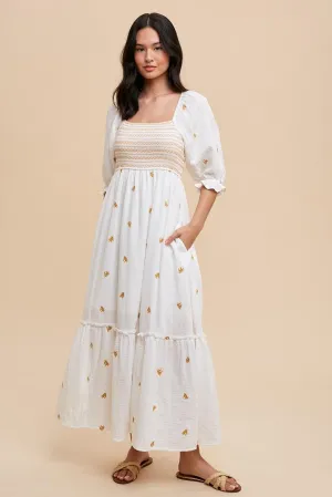EMBROIDERED COTTON GAUZE SMOCKED DRESS