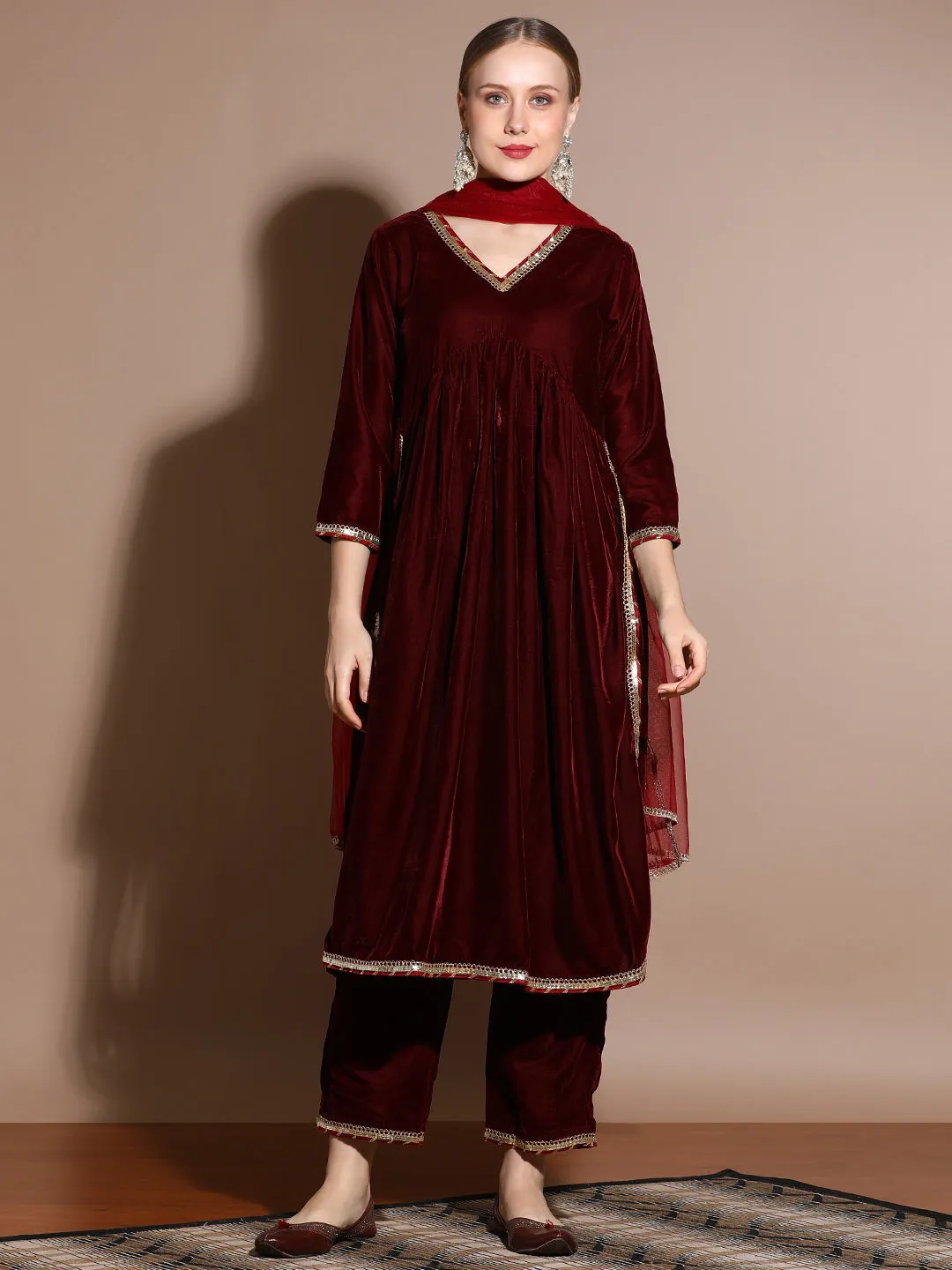 Festive Velvet Gathered Kurta Set With Net Dupatta