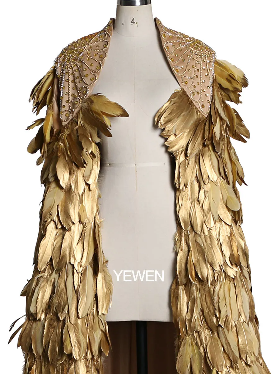 Gold Color Long Train Crystal Beads Wedding Cape Yewen