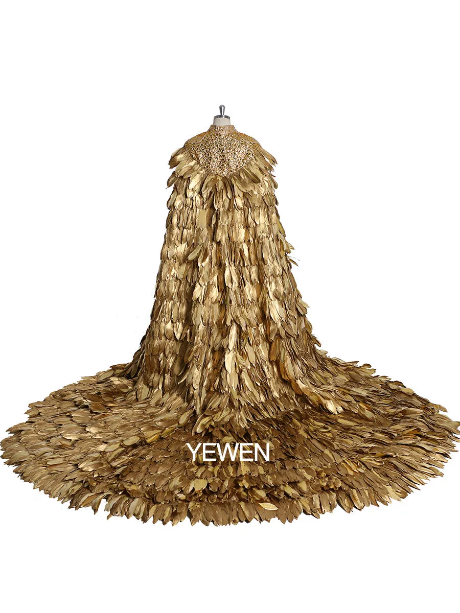 Gold Color Long Train Crystal Beads Wedding Cape Yewen