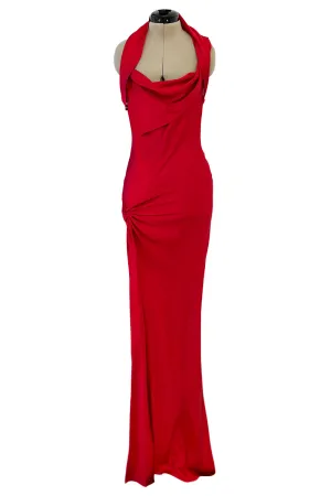 John Galliano Fall 1999 Coral Red Bias Cut Silk Satin Dress w High Slit