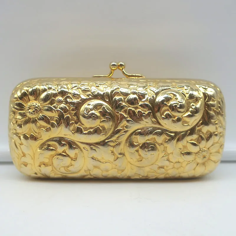 Judith Leiber Minaudiere Gold Floral Carved Metal Mini Crossbody Evening Bag