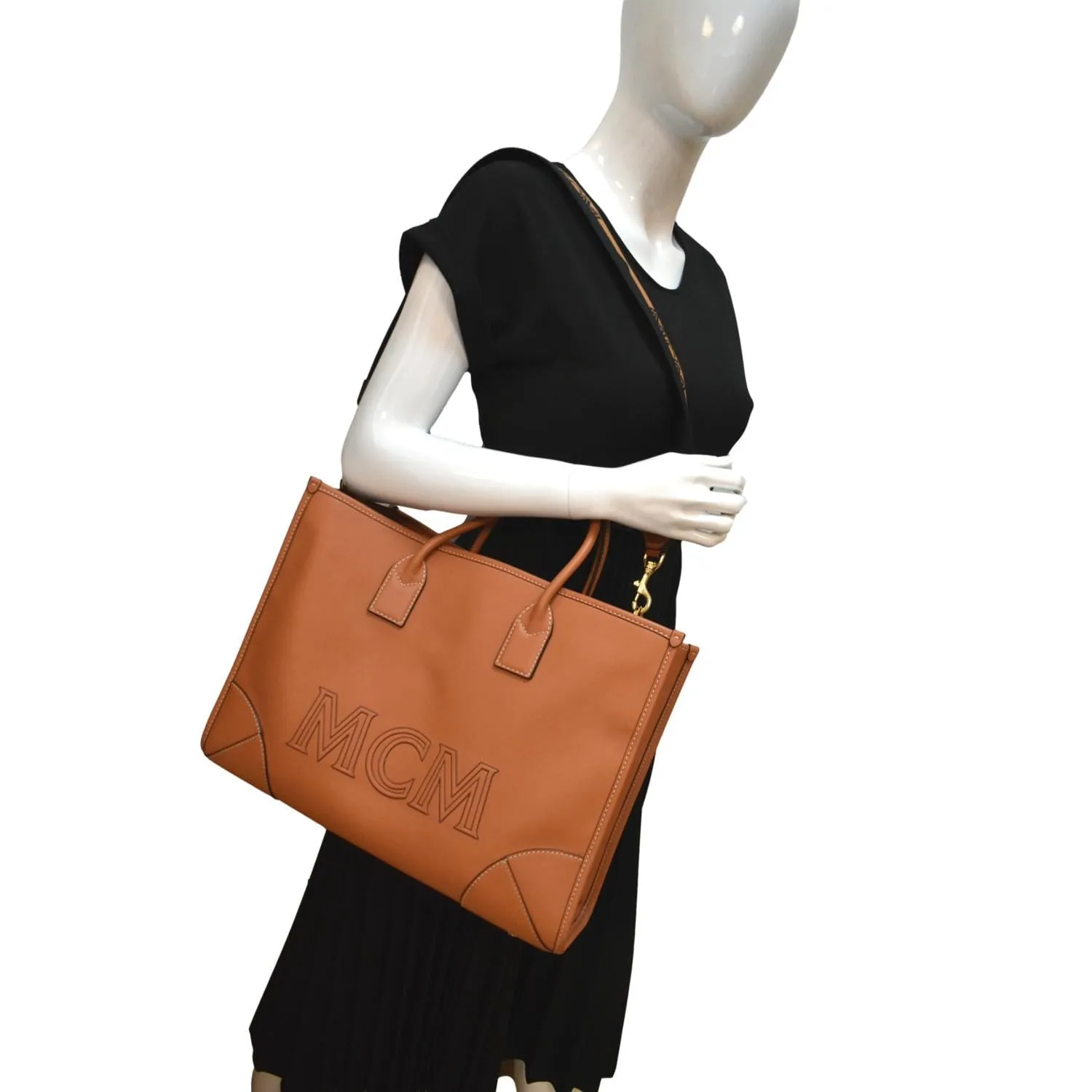 MCM Munchen Monogram Calfskin  Leather Tote Shoulder Bag Cognac