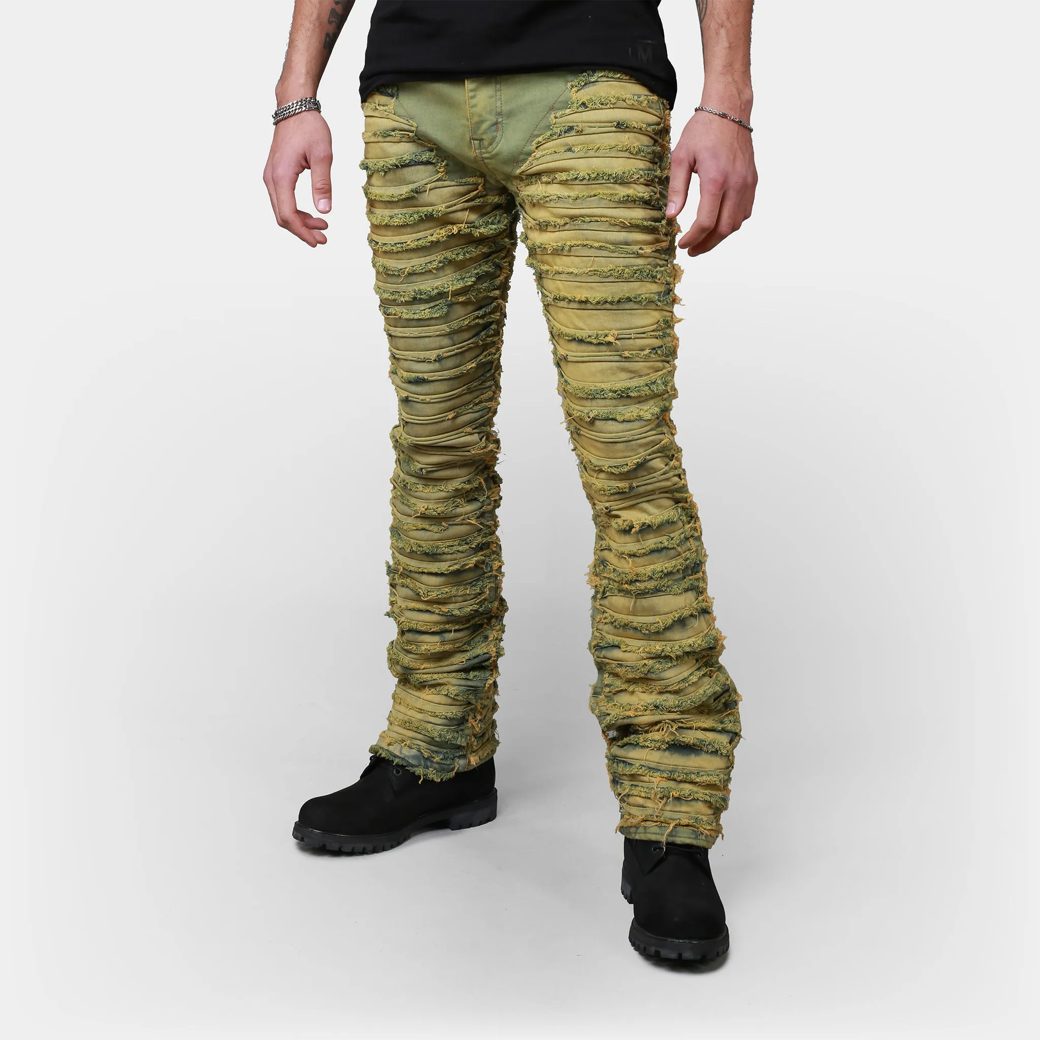 MDB Brand Men's Distressed Dual Color Stacked Jeans