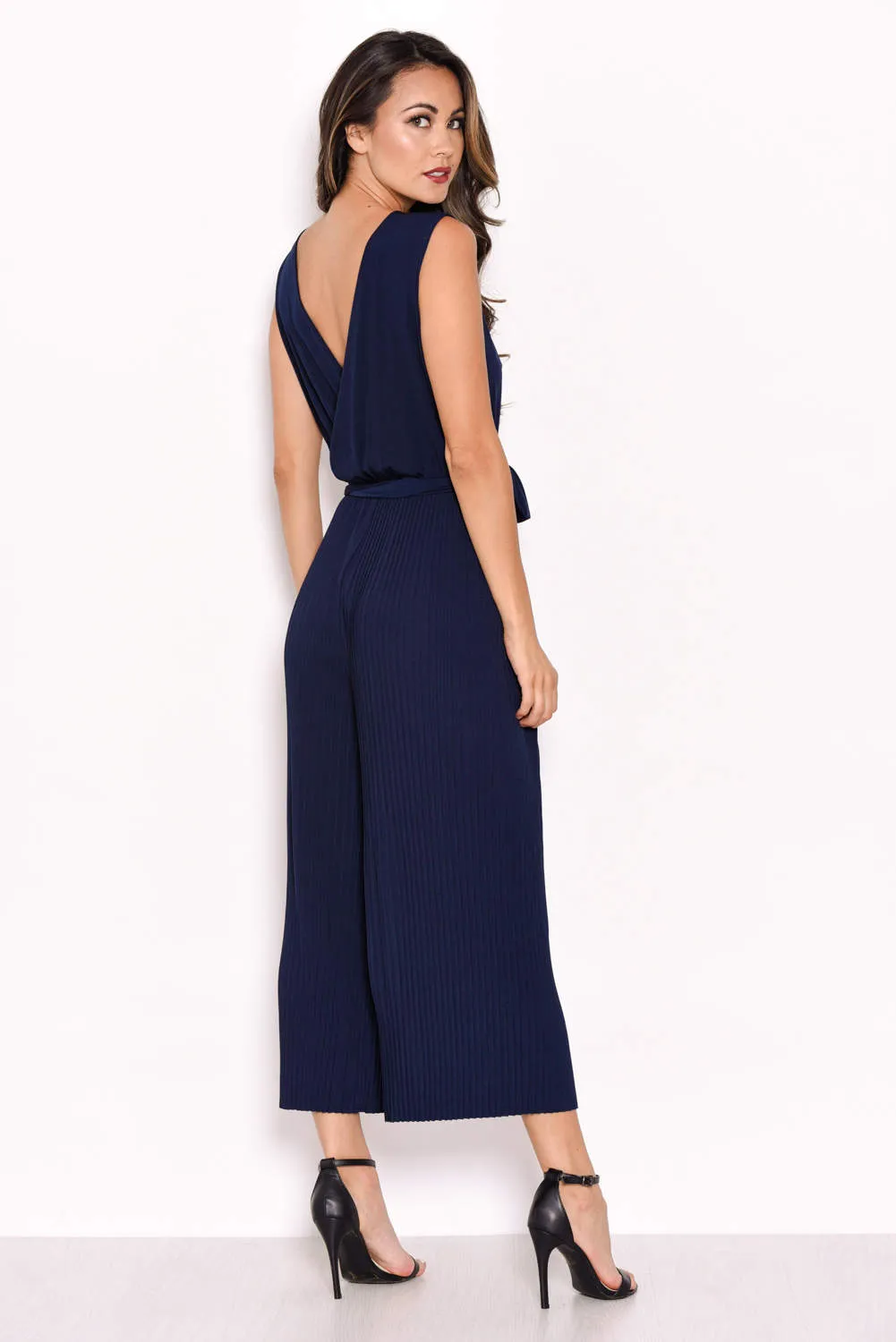 Navy Culotte Pleated Tie-Waist Jumpsuit
