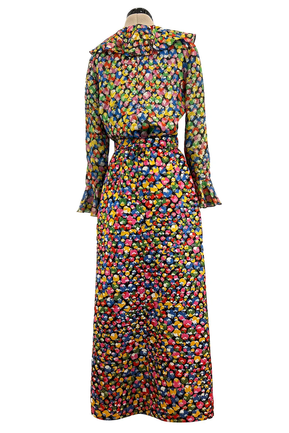 Numbered 1970s Christian Dior by Marc Bohan Demi-Couture Metallic Multi Color Silk Set