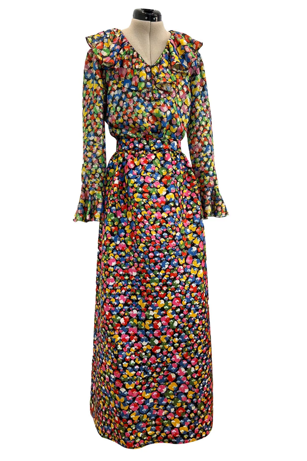 Numbered 1970s Christian Dior by Marc Bohan Demi-Couture Metallic Multi Color Silk Set