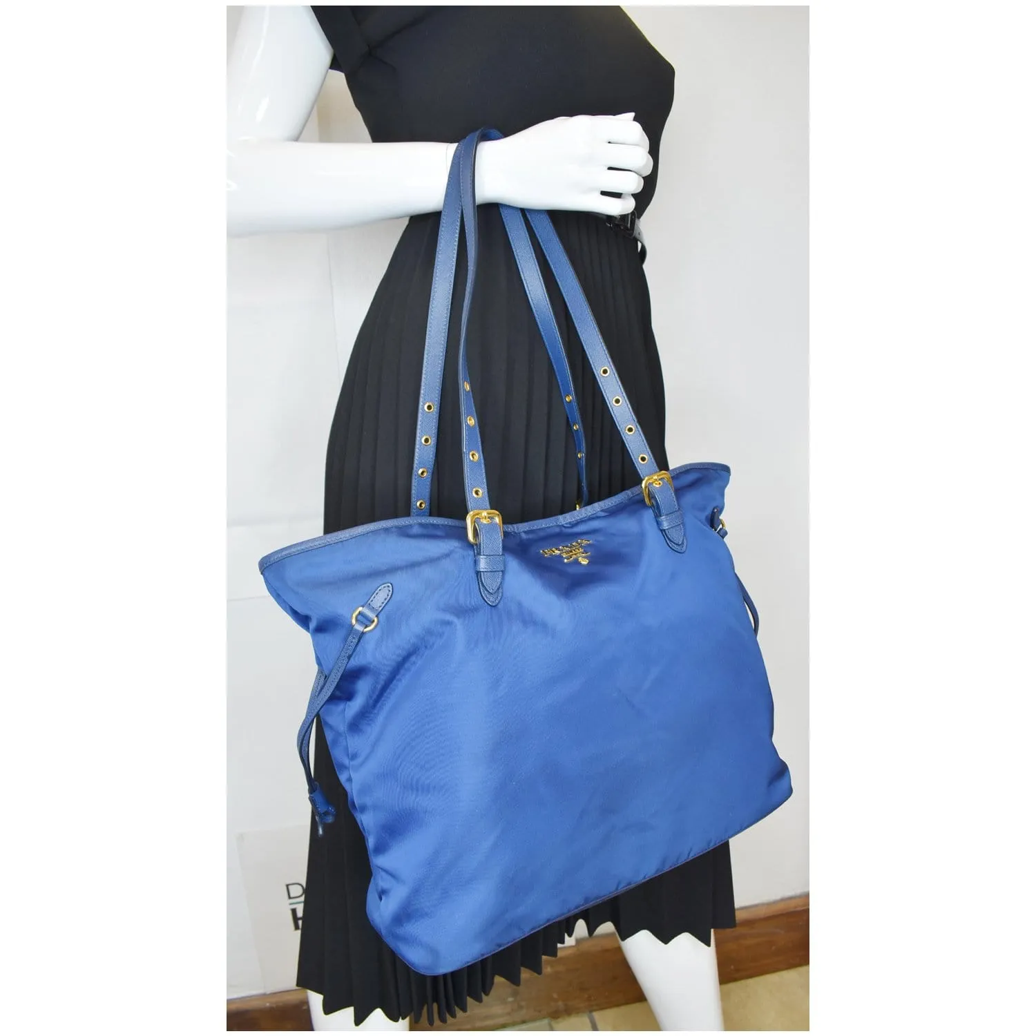 PRADA Tessuto Nylon Saffiano Leather Tote Bag Blue