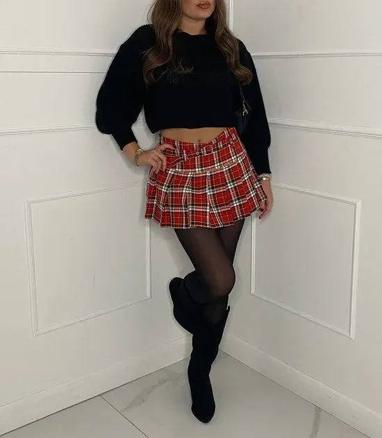 Red Pleated Checked Tartan Mini Plain Tennis Skort With Belt