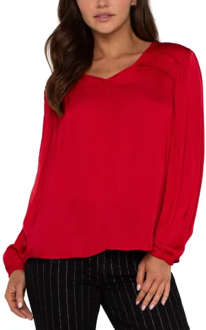 Silky Long Slv V Neck Top w Gathered Shoulder Detail