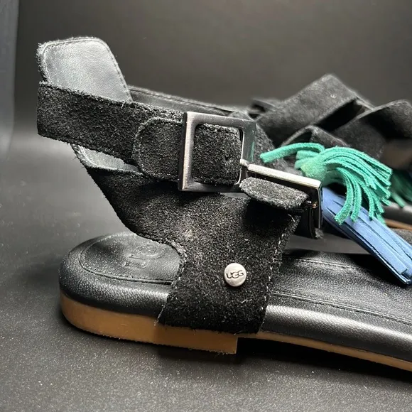 UGG Lecia Tassel Leather Boho Sandal, black, size 6