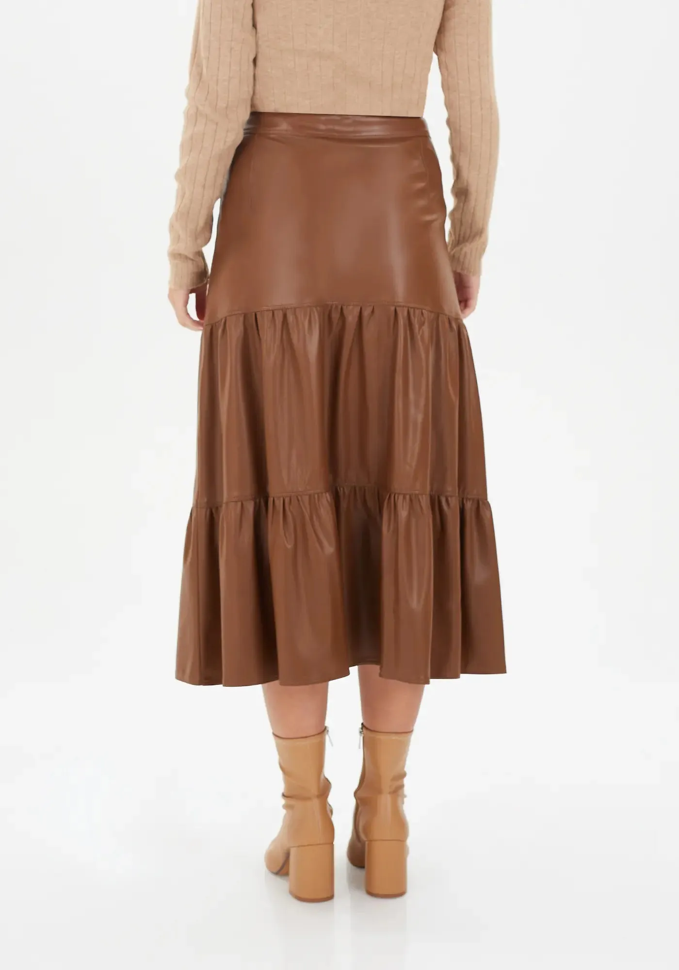 Vegan Leather Midi Skirt with Button Details and Pockets