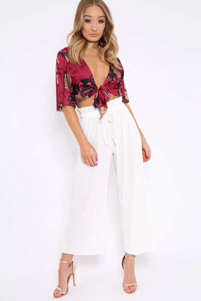 White Paper Bag Waist Wide Legged Pleated Trousers - Louise