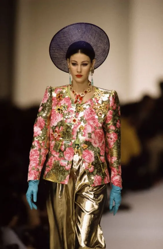 Yves Saint Laurent Spring 1993 One Shoulder Gold Floral Dress
